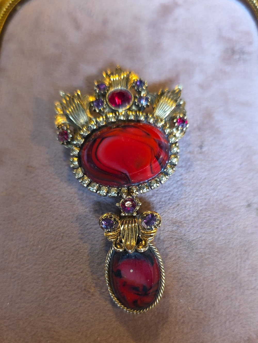 Vintage Victorian Revival Red Slag Glass Dangle Brooch Pin 3”